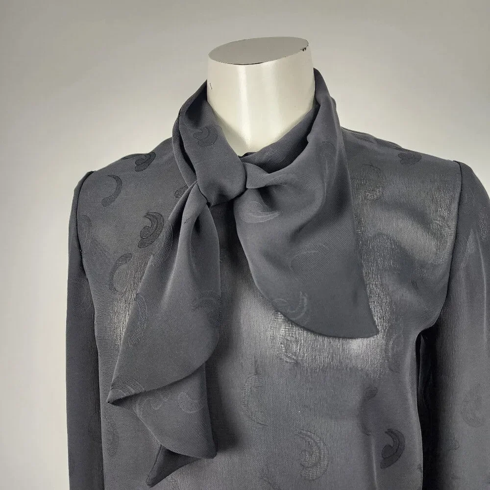 Vintage Black Sheer Neck Tie Back Buttoned Blouse Top Size S - Picture 2 of 9